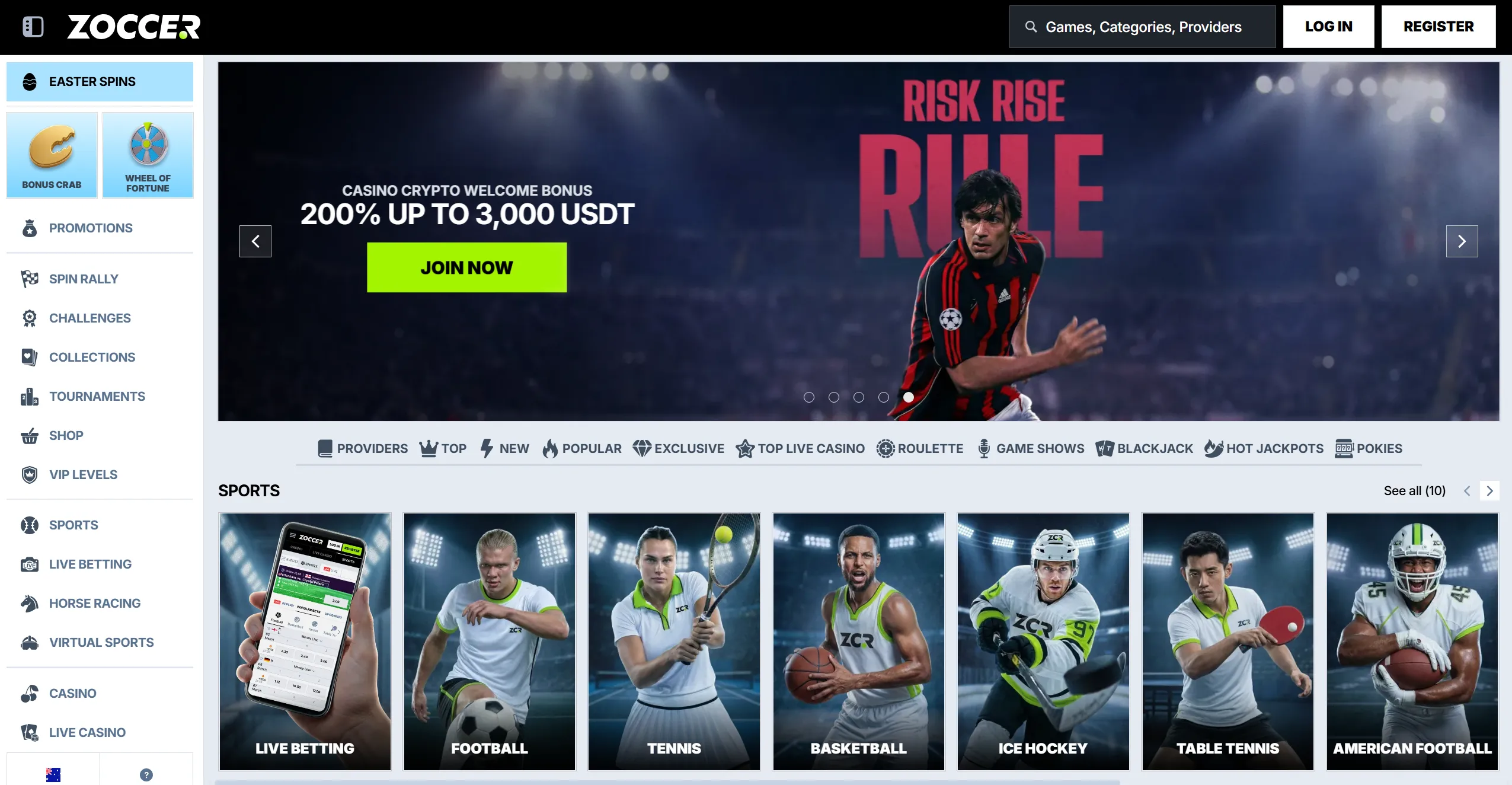 Zoccer frontpage with displaying a casino bonus up to 3000 USDT